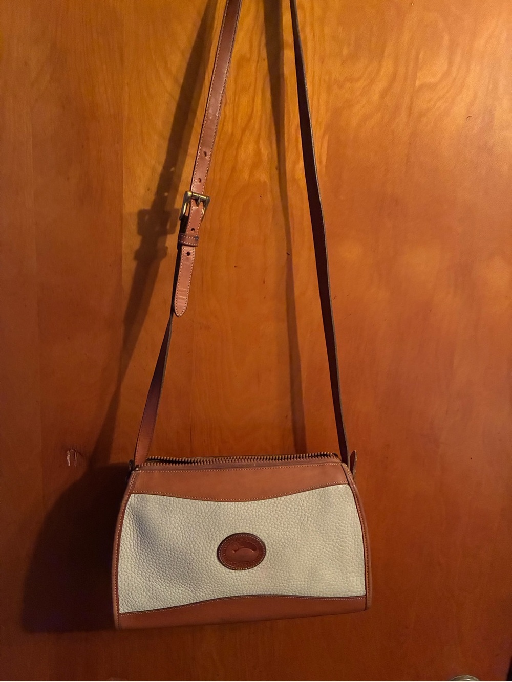 Dooney and Bourke Classic Two-Tone Leather Crossbody Bag in Tan and Brown